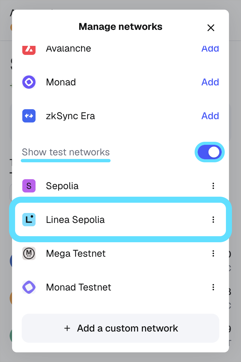 MetaMask extension networks list show test networks add Linea Sepolia